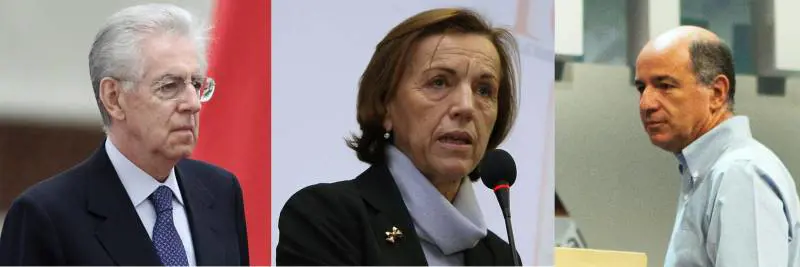 Il premier Mario Monti e i ministri Elsa Fornero e Corrado Passera