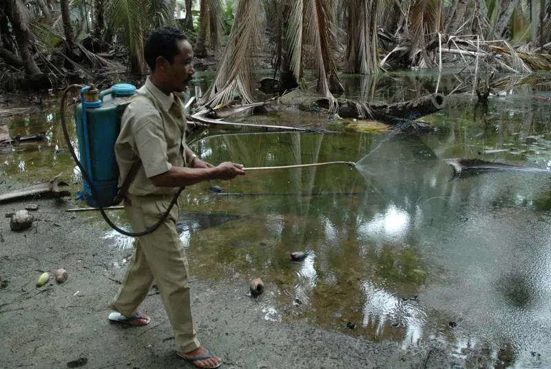 Un membro dell'Unicef in India spruzza del pesticida