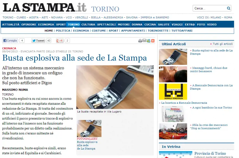 La foto dell'ordigno pubblicata dal sito de La Stampa