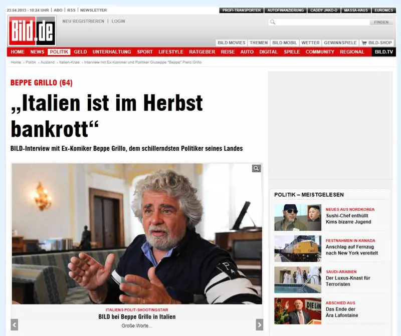 Grillo alla Bild: in autunno l'Italia farà bancarotta