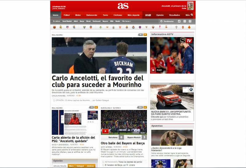 Il quotidiano sportivo spagnolo: "Carlo Ancelotti favorito per la successione di Mourinho" e sotto "Un altro ballo del Bayern contro il Barça"