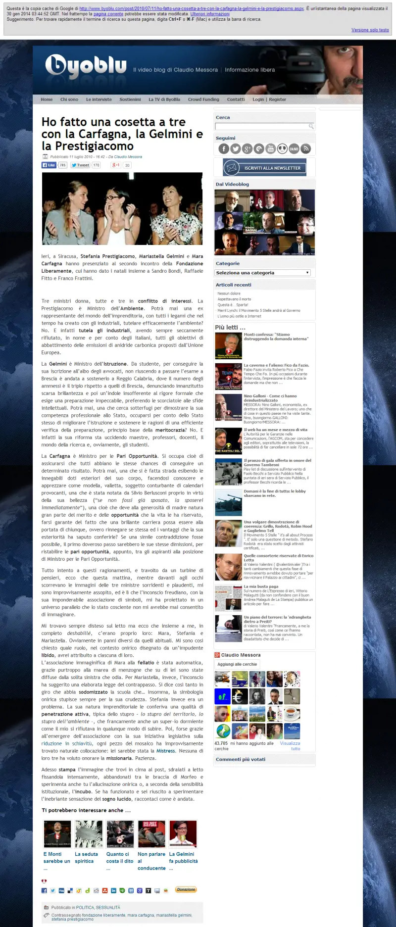 Il post come appariva fino al 30 gennaio scorso