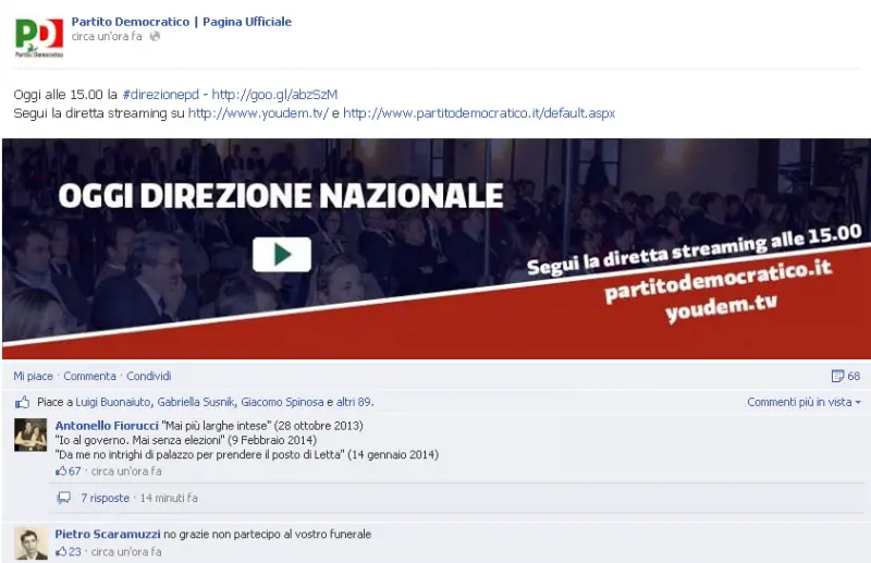 I commenti più popolari al post che sulla pagina Facebook del Pd annuncia la direzione nazionale di oggi