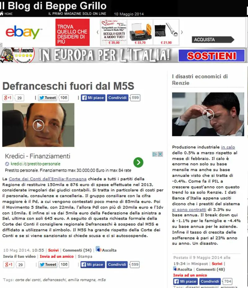 Rimborsi ai partiti, Grillo espelle consigliere regionale Emilia Romagna