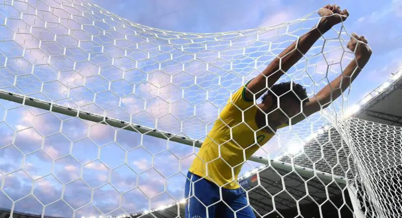 Fernandinho aggrappato alla rete