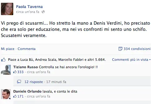 M5S, Taverna choc: "Ho stretto la mano a Verdini e mi sento uno schifo"