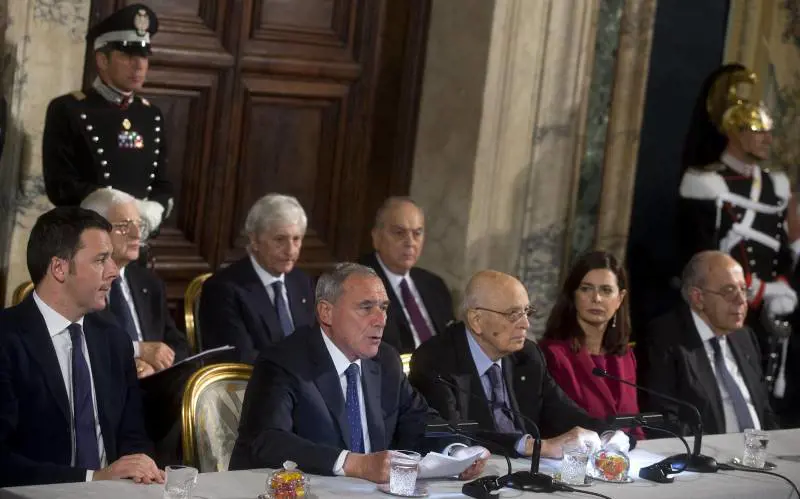 Il presidente della Repubblica Napolitano con Grasso, Boldrini e Renzi