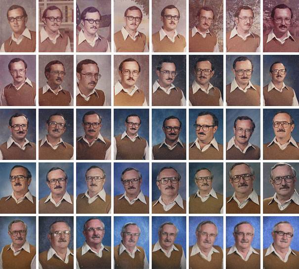 40 foto in 40 anni: questo professore ha scelto di indossare sempre con lo stesso abbigliamento in ogni foto dell'annuario scolastico