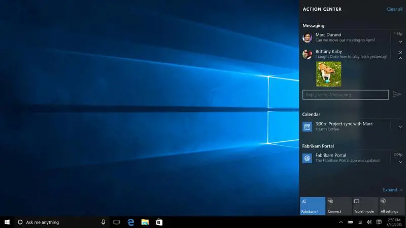 L'Action Center del nuovo Windows 10