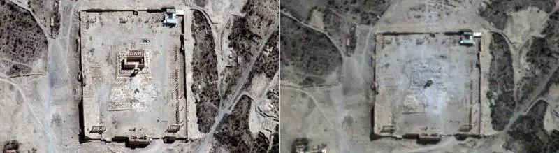 Nell'immagini, il tempio di Bel prima e dopo la distruzione da parte dell'Isis