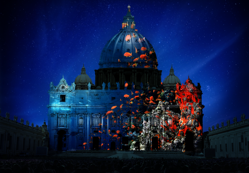 Coral projected on St. Peter's Basilica. Photography by David Doubilet. Artistic rendering by Obscura Digital