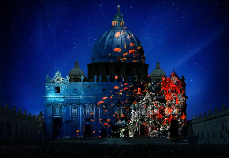 Coral projected on St. Peter's Basilica. Photography by David Doubilet. Artistic rendering by Obscura Digital