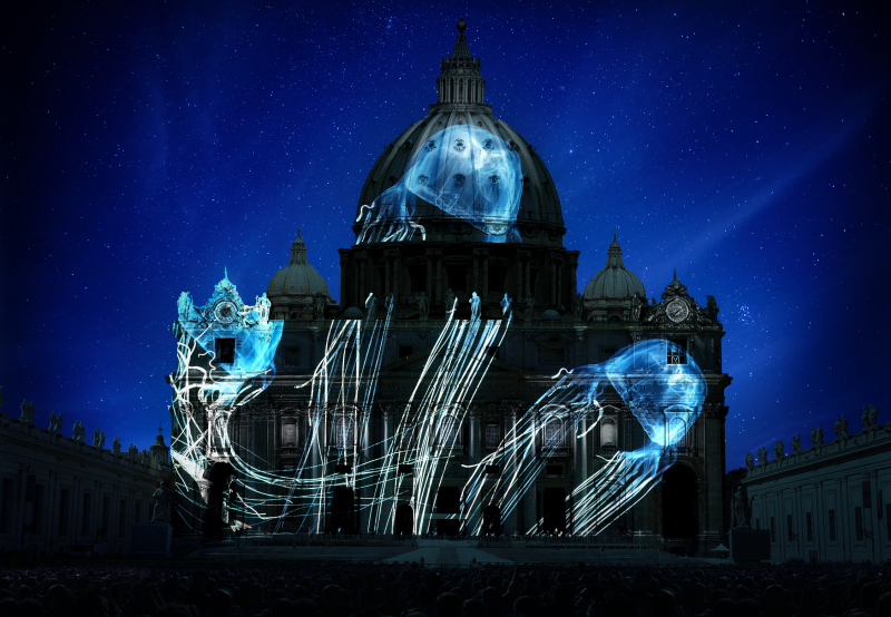 Jellyfish projected on St. Peter's Basilica. Photography by David Doubilet. Artistic rendering by Obscura Digital
