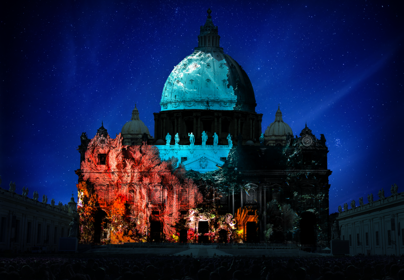 Coral reef projected on St. Peter's Basilica. Photography by Shawn Heinrichs. Artistic rendering by Obscura Digital