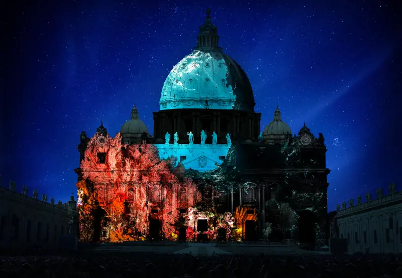 Coral reef projected on St. Peter's Basilica. Photography by Shawn Heinrichs. Artistic rendering by Obscura Digital