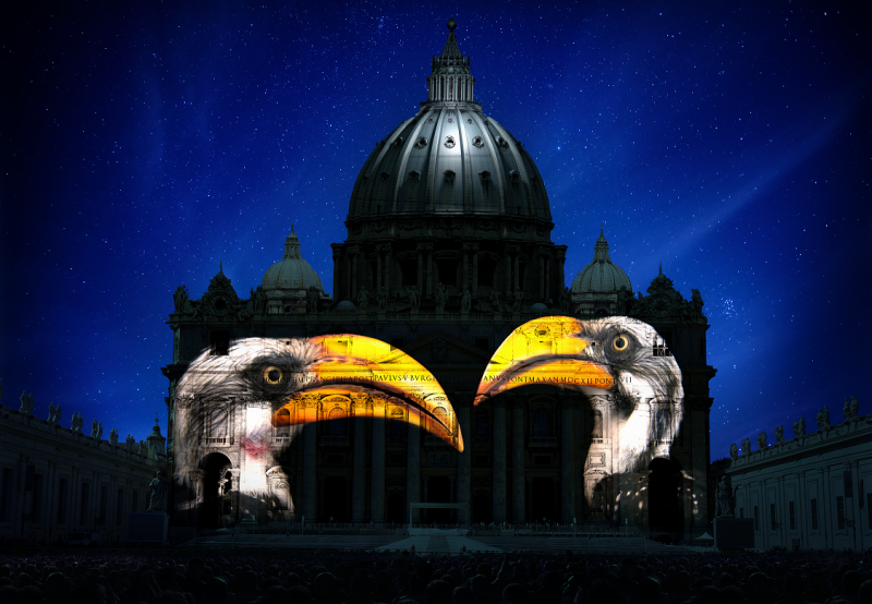 Birds projected on St. Peter's Basilica. Photography by Joel Sartore. Artistic rendering by Obscura Digital