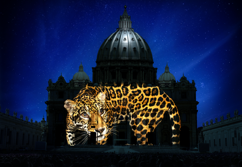 Leopard projected on St. Peter's Basilica. Photography by Joel Sartore. Artistic rendering by Obscura Digital