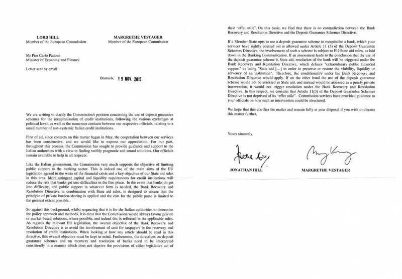 La lettera del 19 novembre dei commissari Ue Hill e Vestager al ministro Padoan