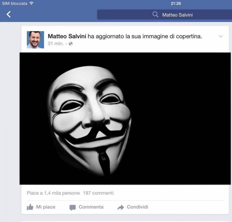 Il profilo Facebook di Matteo Salvini hackerato da Anonymous