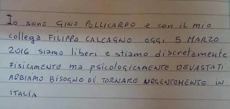 Il giallo del bigliettino scritto da uno dei due italiani rapiti in Libia