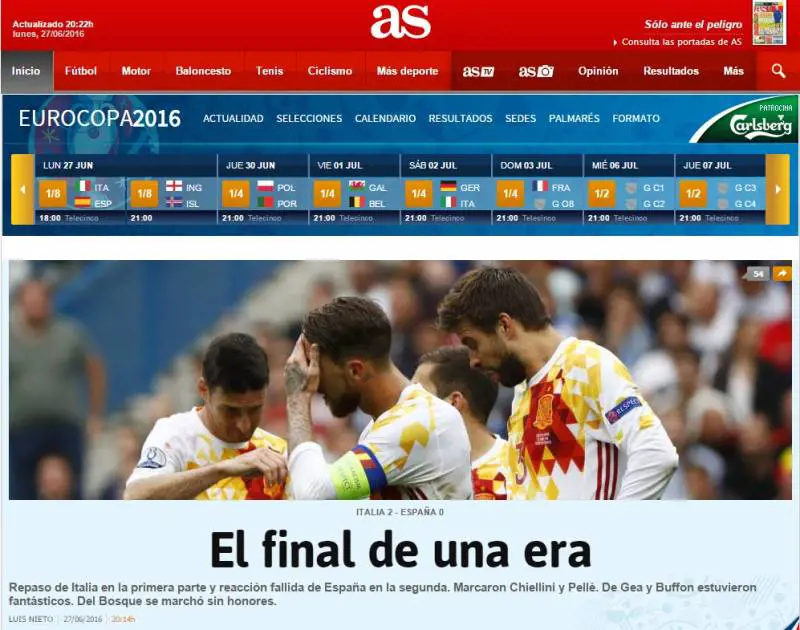As pone l'accento sulla "Fine di un'era". Il giornale punta il dito contro Del Bosque che "va via senza onori" ed elogia le prestazioni dei due portieri "fantastici"
