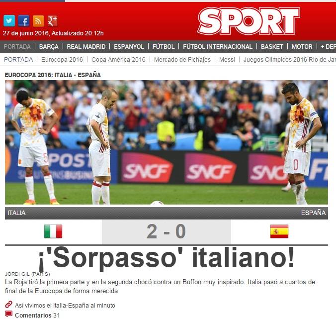 L'altro quotidiano sportivo catalano, Sport, scrive il titolo in italiano: "Sorpasso italiano!"