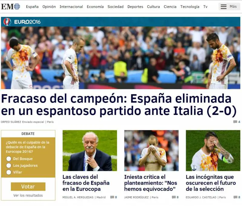 El Mundo, altro quotidiano generalista, apre con le elezioni e poi dedica ampio spazio alla partita: "Fallimento dei campioni: Spagna eliminata in una partita spaventosa contro l'Italia"