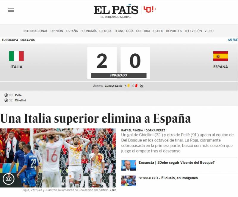 El Pais, il più importante quotidiano generalista spagnolo, mette da parte le elezioni e apre con l'eliminazione della "Roja": "Un'Italia superiore elimina la Spagna"