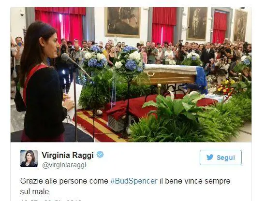 Virginia Raggi e il tweet sulla morte di Bud Spencer
