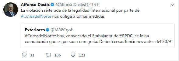 Tweet ministro spagnolo contro ambasciatore nordcoreano, Twitter