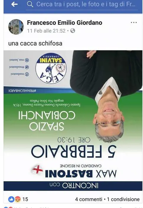 Un leghista a testa in giù: l'inquietante post su Facebook