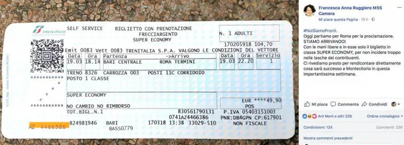 La gaffe della grillina: "Viaggio economy". Ma il biglietto è di prima classe