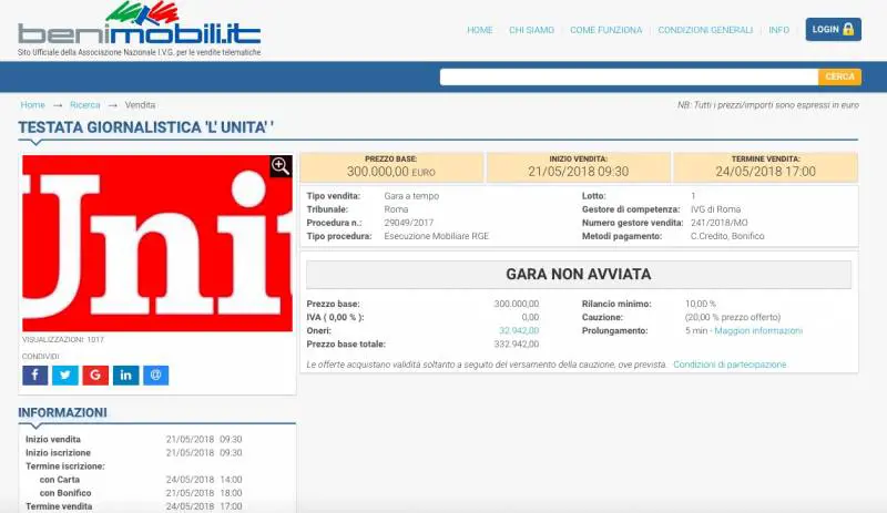L'Unità va all'asta: lo storico quotidiano tra bottiglie e auto