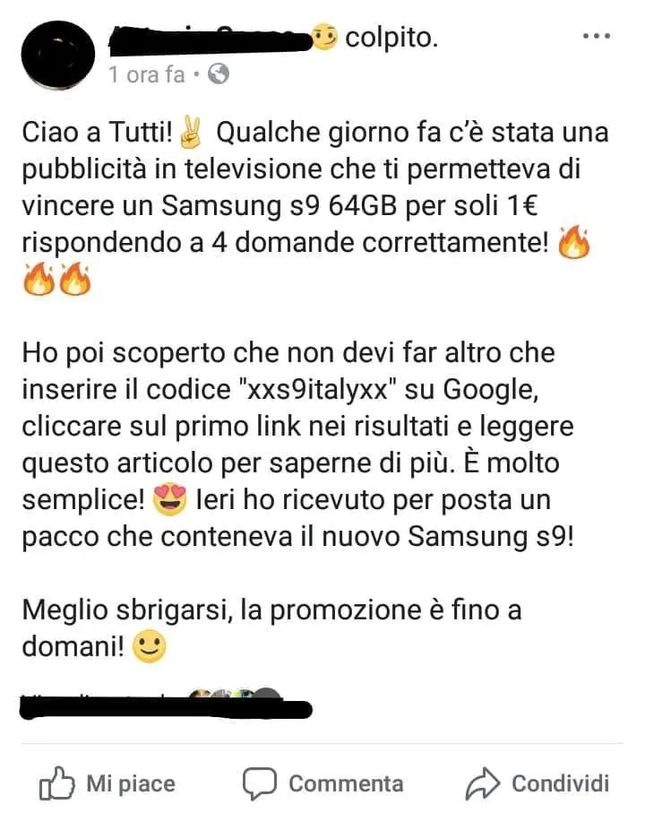 "Scrivi xregalos9x, Samsung gratis". Attenzione alla bufala su Facebook