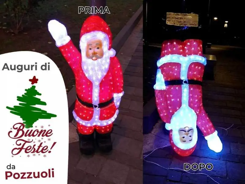Pozzuoli, la sinistra mette a testa in giù un Babbo Natale "fascista"