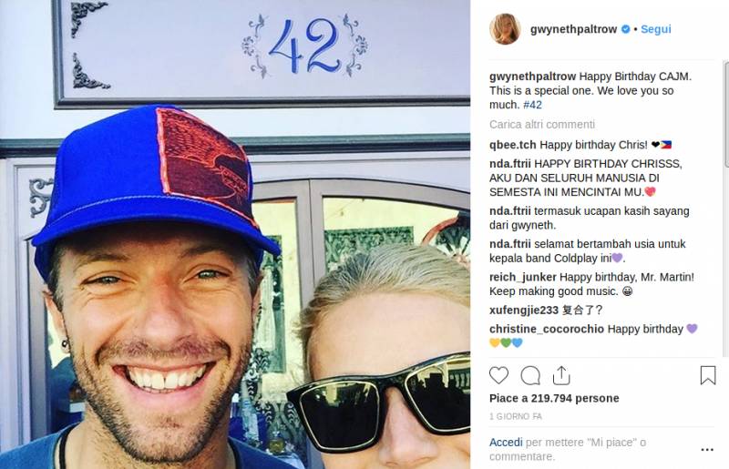 La dedica di Gwyneth Paltrow a Chris Martin per il compleanno