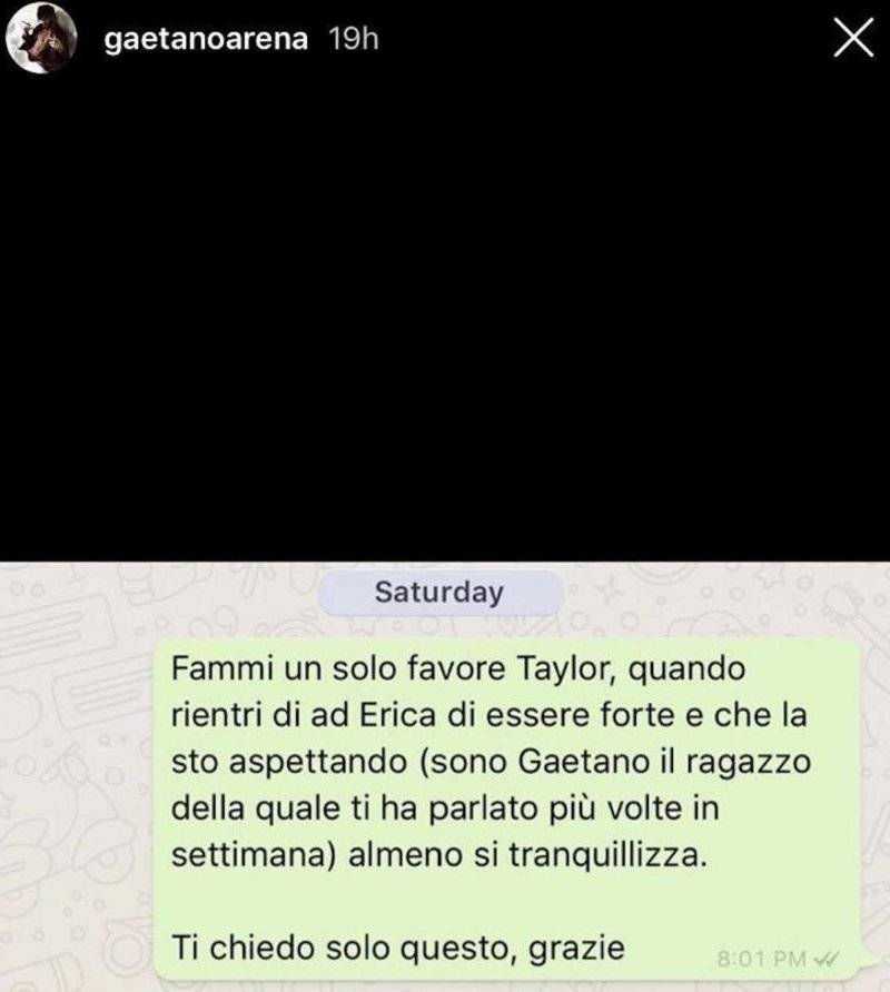 Screenshot messaggio tra Gaetano Arena e Taylor Mega