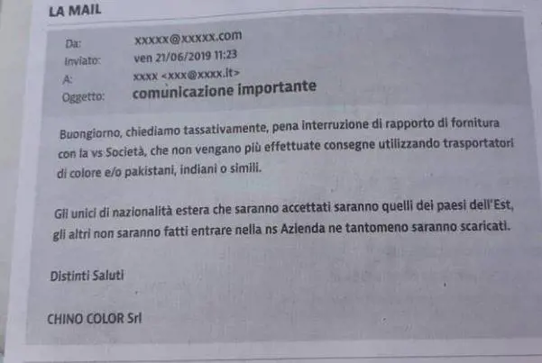 Mail choc di un'azienda: "No a corrieri di colore o indiani"