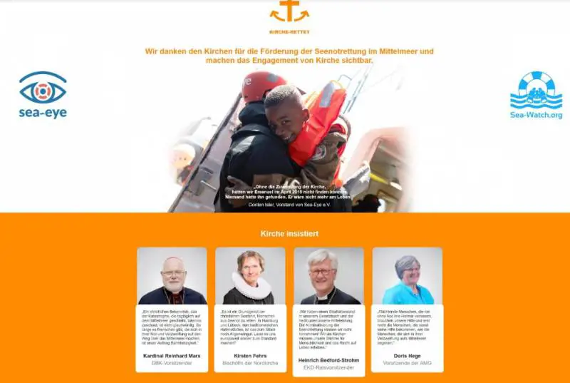 La farse in arancione sopra tradotta: “ringraziano le Chiese per la promozione del salvataggio in mare nel Mediterraneo”