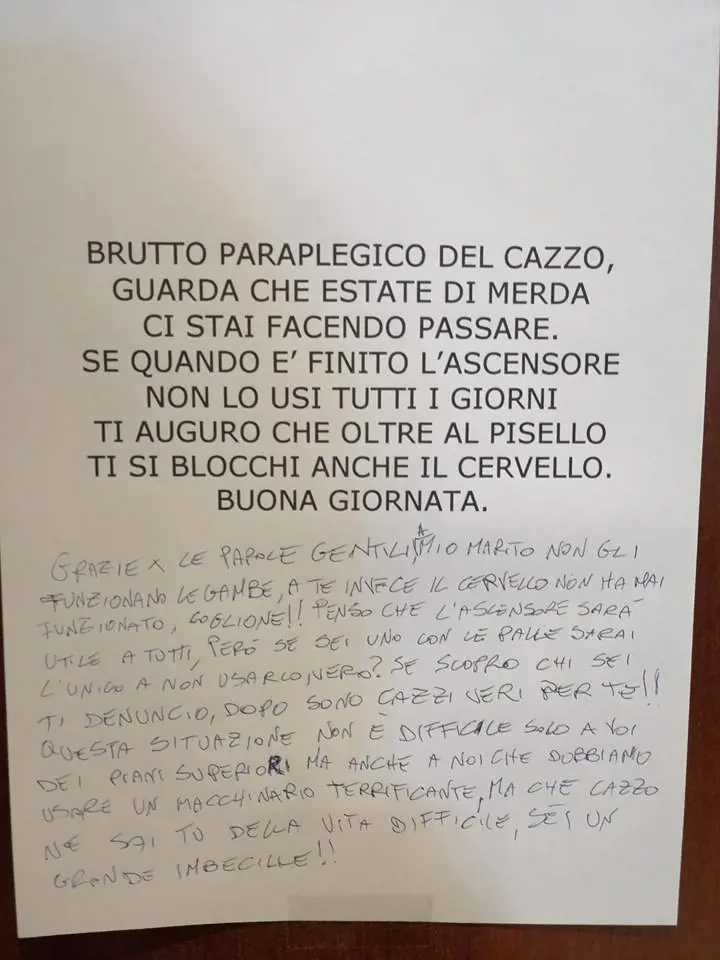 Offese al vicino disabile per i lavori all'ascensore: "Ci fai fare estate di m.."
