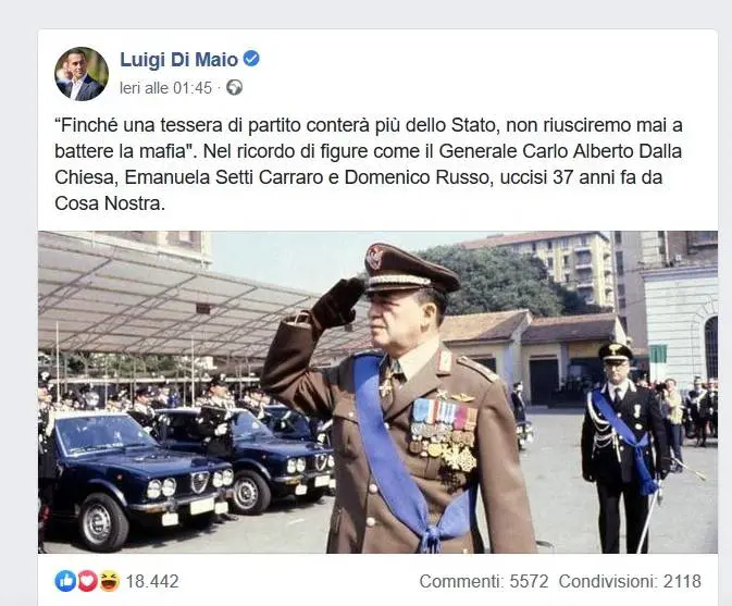 Di Maio cita Dalla Chiesa, il web insorge: "Stai svendendo l'Italia"