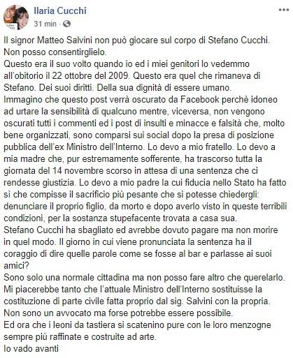 Post di Ilaria Cucchi contro Matteo Salvini