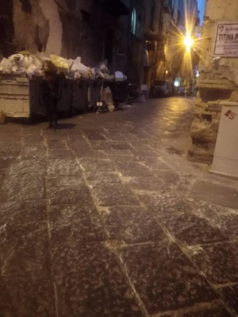Nella foto di un residente, Diego Barretta, i cassonetti ancora pieni di rifiuti dopo la raccolta