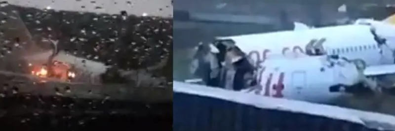 Turchia, aereo va fuori pista: si spezza in tre e va a fuoco