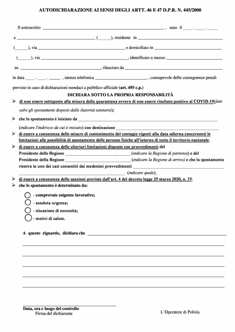 Ecco la nuova autocertificazione per gli spostamenti
