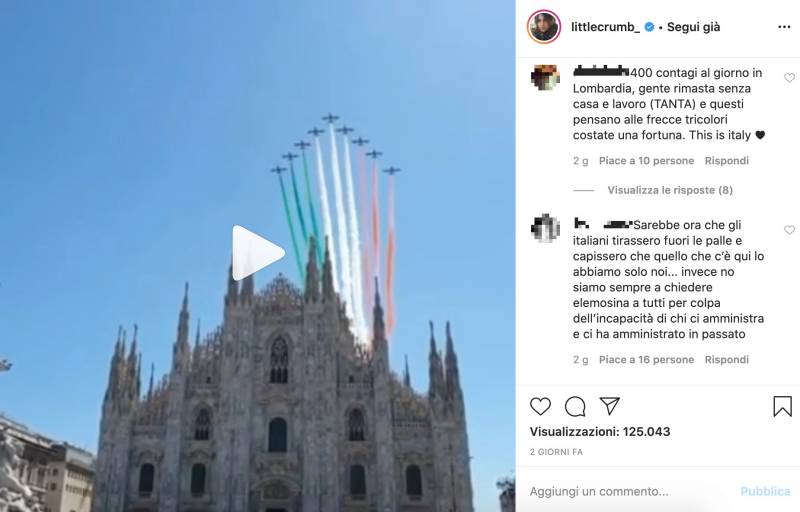 Screen dei commenti sulle Frecce Tricolori dal profilo Instagram di Elisabetta Canalis
