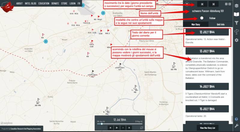 Una mappa con aperto il pannello del diario di guerra (War Diary) di una unità (in questo caso lo sSSPzAbt. 101, battaglione carri pesanti 101 delle Waffen-SS).