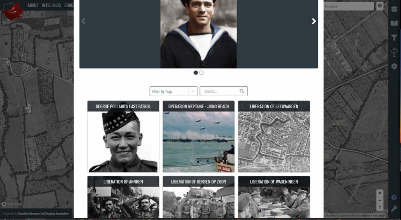 La pagina delle Story Maps, piccolo racconti che sfruttano la tecnologia di Project44 per descrivere alcune biografie di soldati canadesi decorati o di alcune importanti operazioni effettuate dalle truppe canadesi.