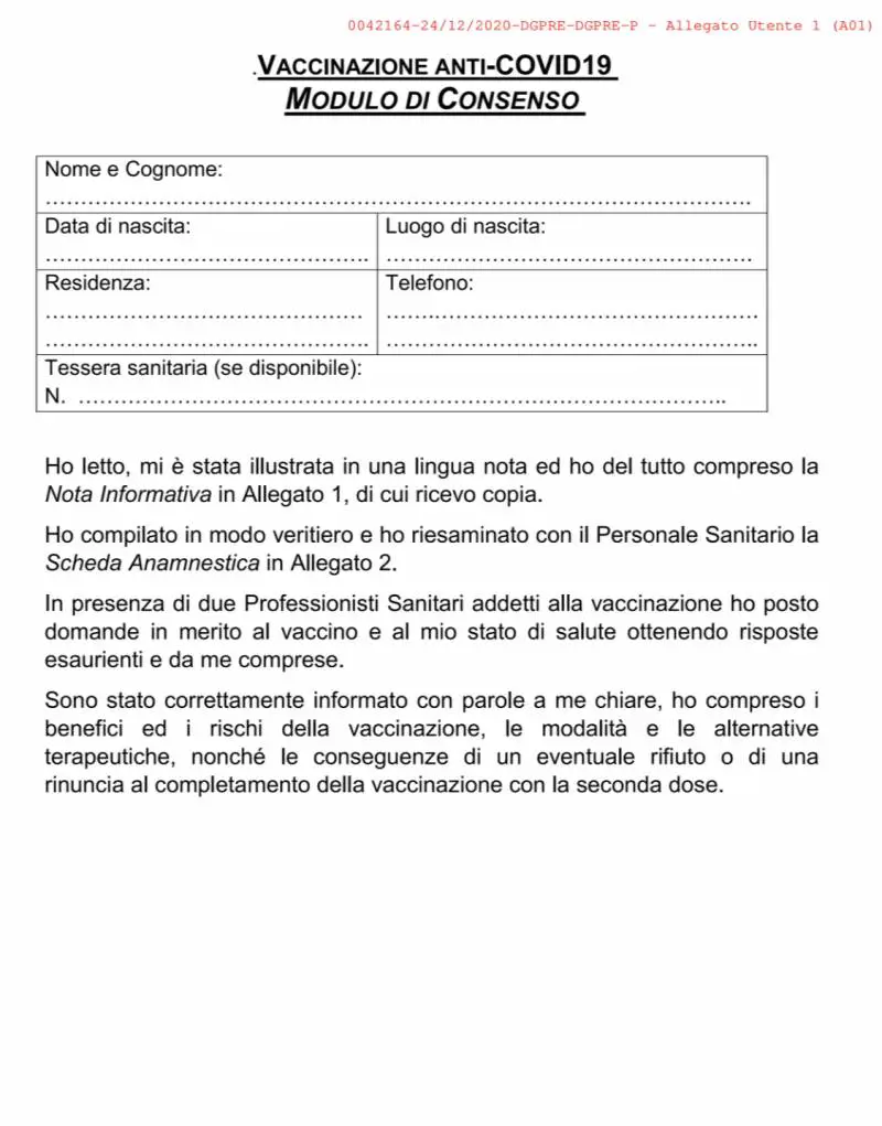 Ecco il modulo da compilare per ricevere il vaccino anti-Covid