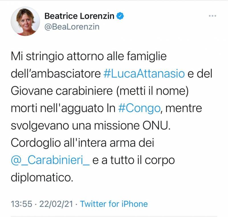 Beatrice Lorenzin tweet ambasciatore